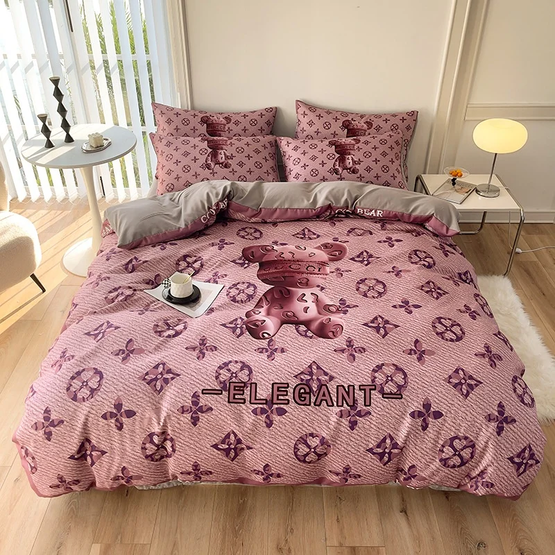 Microfiber Silk 4-In-1 Bedding Set Fashion Design-I Duvet Cover Bed Sheet Bedding Set