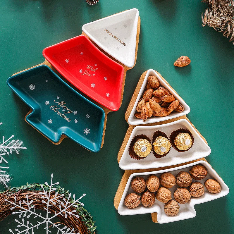 stock goods Saucer Fruit Plates Christmas Tree Tray Full set Ceramic Snack Plate Bamboo Tray Dessert Plates Bowl Dish Breakfast