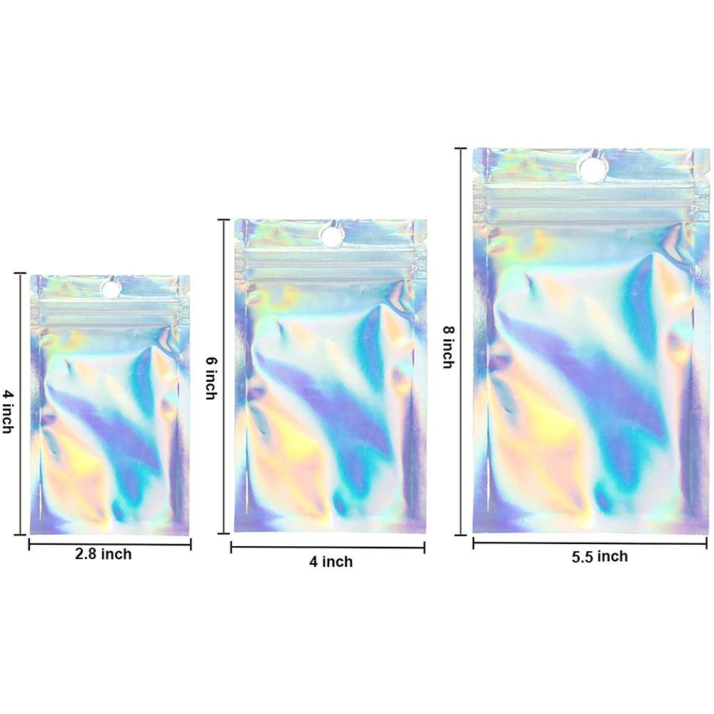 Resealable Holographic Foil Bags Cosmetic Laser Packaging Zip-lock Bags for Food Storage Coffee Beans Candy & Jewelry Packing