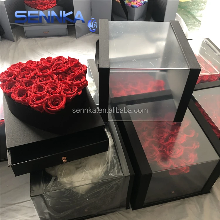 
2020 new product heart shape preserved rose in Jewelry Box with acrylic lid 
