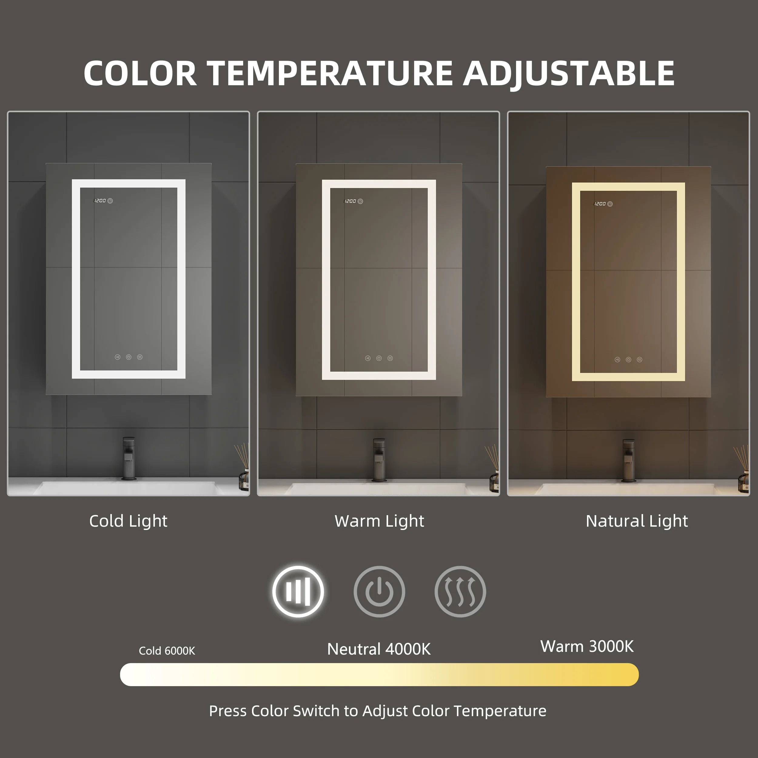 Clock And Temper Display Adjustable Shelves 3-Color Lights Defogger Smart Led  Bathroom Surface Mount Mirror Cabinet