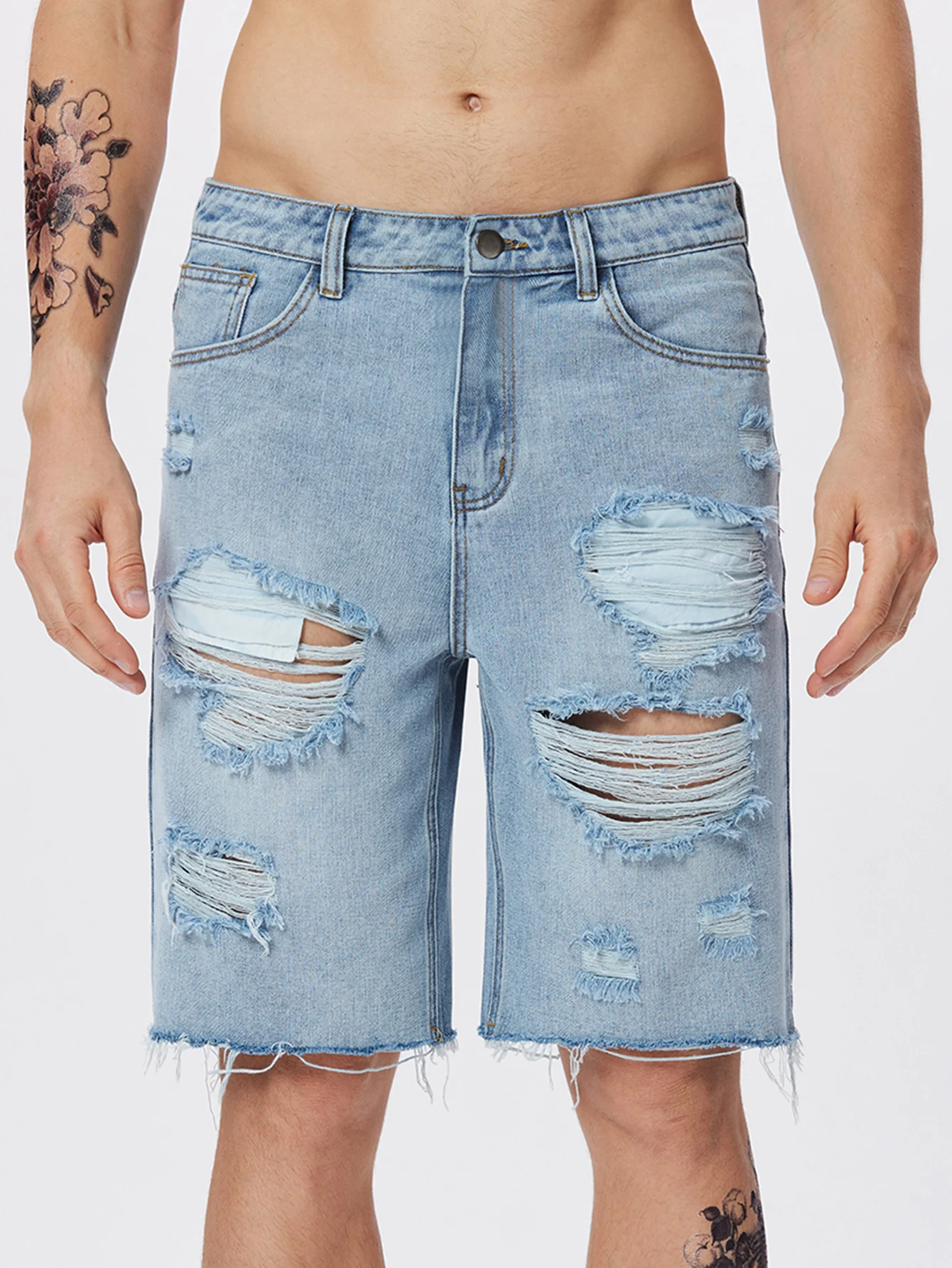 HOT SELLING RELAXED FIT DISTRESSED DENIM SHORT LOOSE FIT MULTI RIP DENIM SHORT