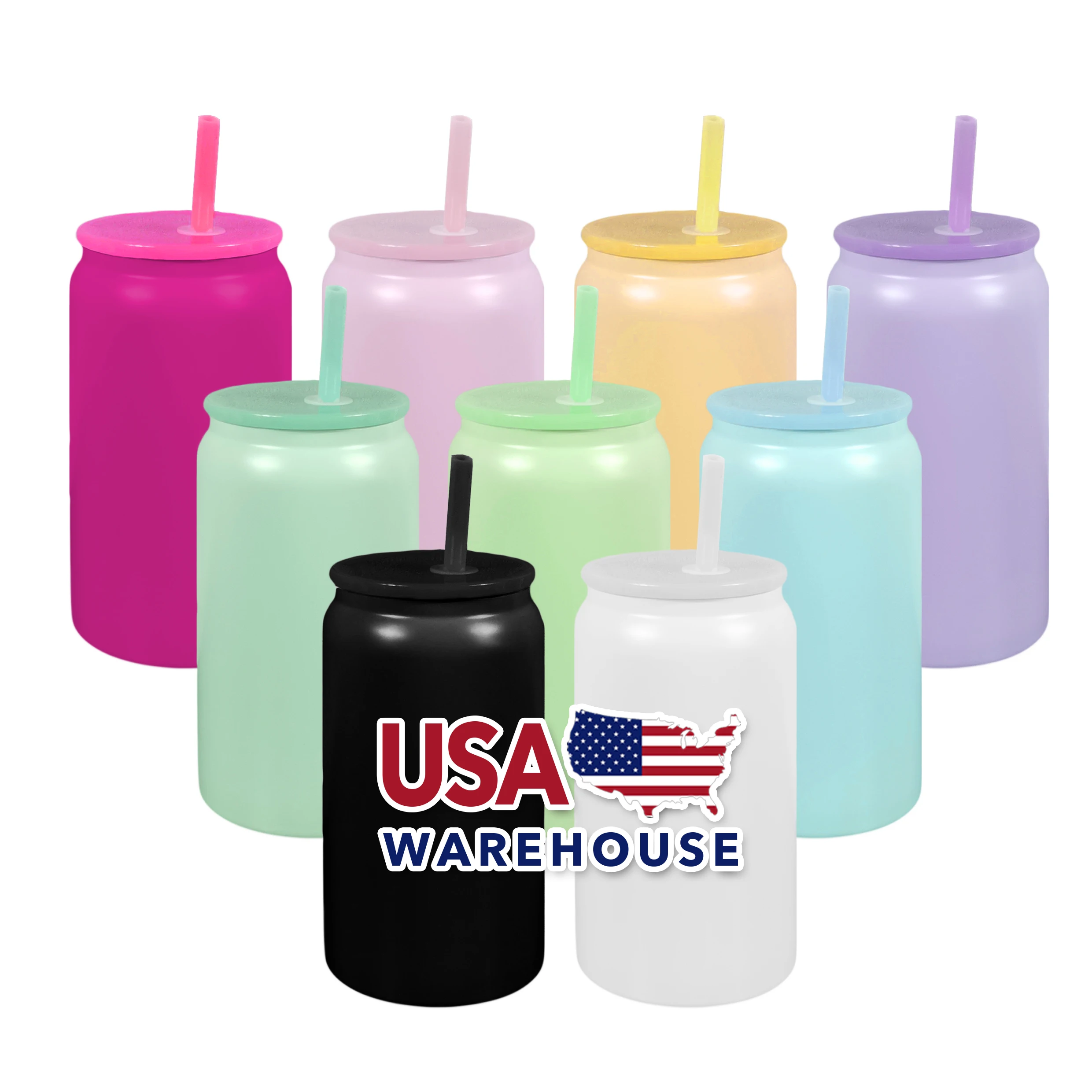 USA warehouse sublimation matte color 16oz can cups stainless steel double walled macaron can tumbler with color lids and straw