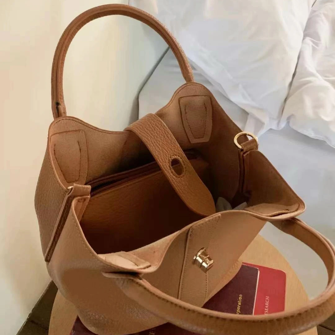 Simple texture fashion bucket bag Korean version handbag casual diagonal shoulder bag for ladies