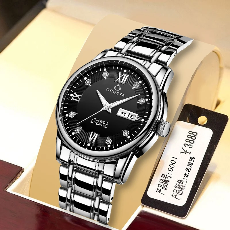 Custom Logo Mechanical Watch OBGEYA 9001B Fashion Stainless Steel Automatic Self Winder Wrist Watch for man