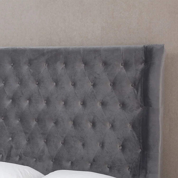 Willsoon Modern Simple Design Wing Back Double Bed Frame Platform Style Velvet Fabric Button Wood Leather Upholstery