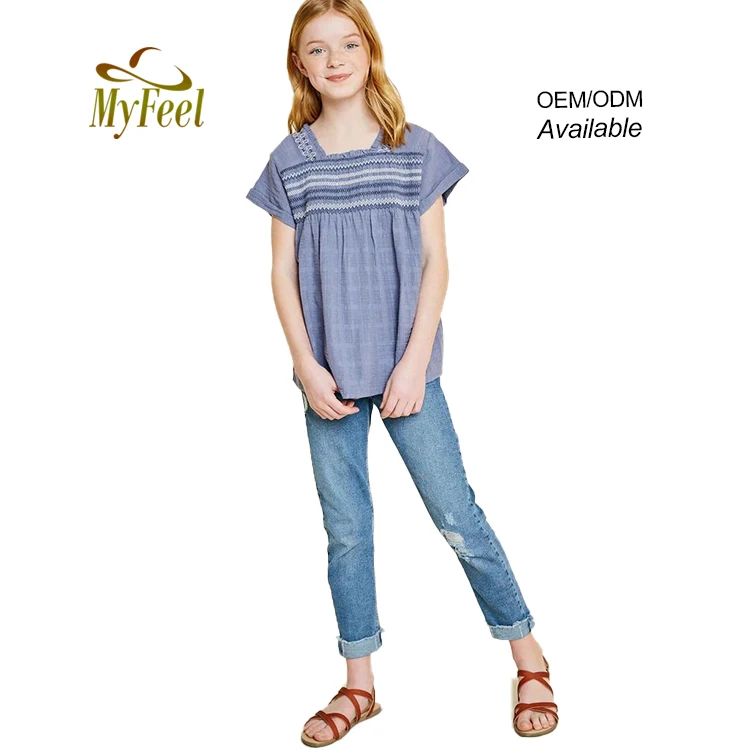 Индивидуальные Детская одежда 2021 Детский комплект детской одежды с вышивкой со сборками Топ; Одежда для девочек; От 6 до 12 лет