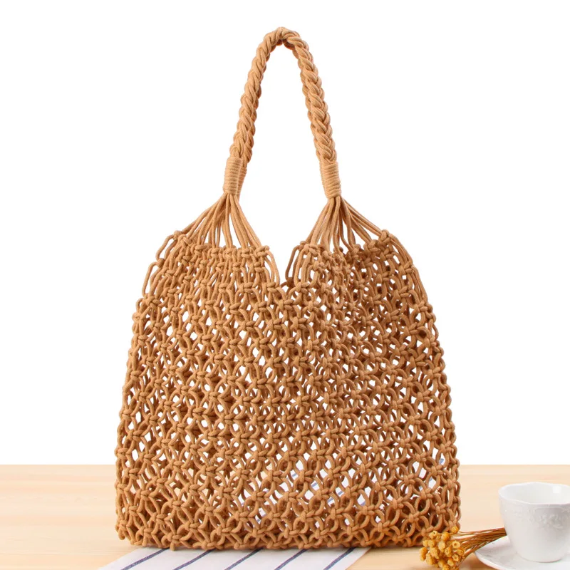 Cotton Rope Woven Macrame Mesh Net Beach Bag Crochet Knit Travel Beach Fishing Net Handbag Shoulder Bag for Women