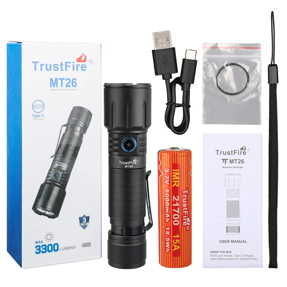 High Power TrustFire MT26 3300LM Magnetic EDC Flashlight 21700 USB C Rechargeable Power bank Hand Torch Light