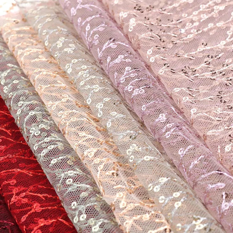 Beautiful Golden Polyester Yarn Mesh Gournd 3mm Spangle Sequins Fabric for Summer Dress Woman