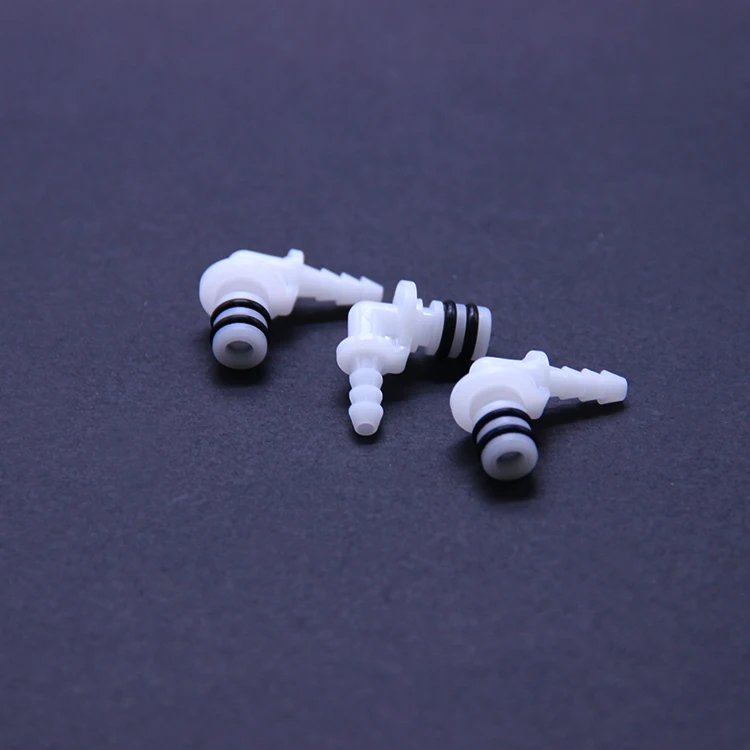 Elbow 90 degree hose-barbed plastic quick release coupling double o-ring straight through disconnect