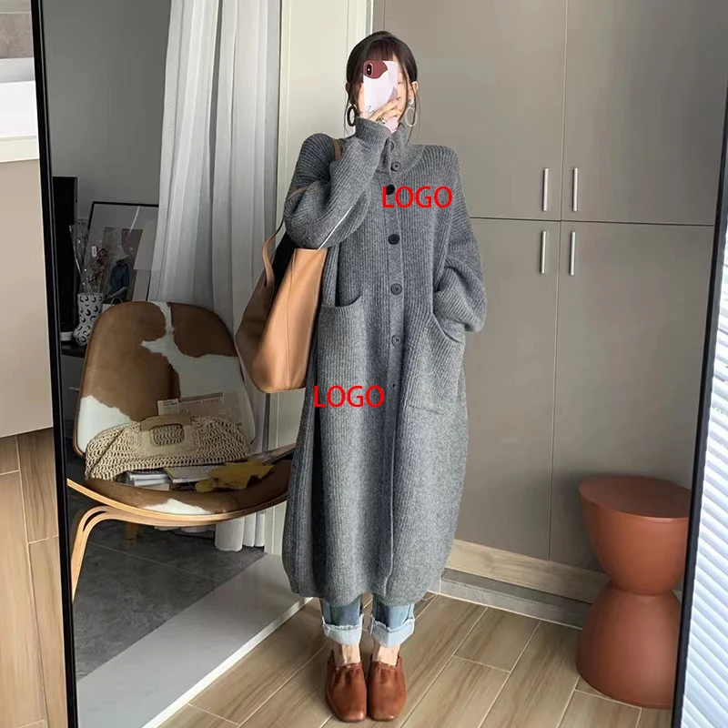 Lazy Wind Custom Models Cardigan Autumn And Winter New High Collar Single-Breasted Knitted Women Sweater Coat