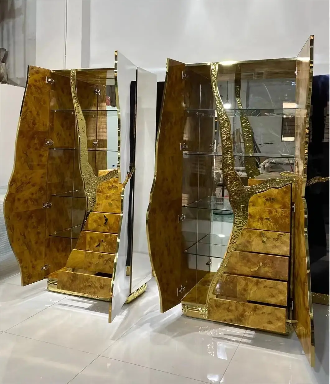Hot Selling Tall Drink Wine Cabinet Bocadolobo Brass Copper Base Solid Wood Bar Side Cabinet Modern Luxury Living Room