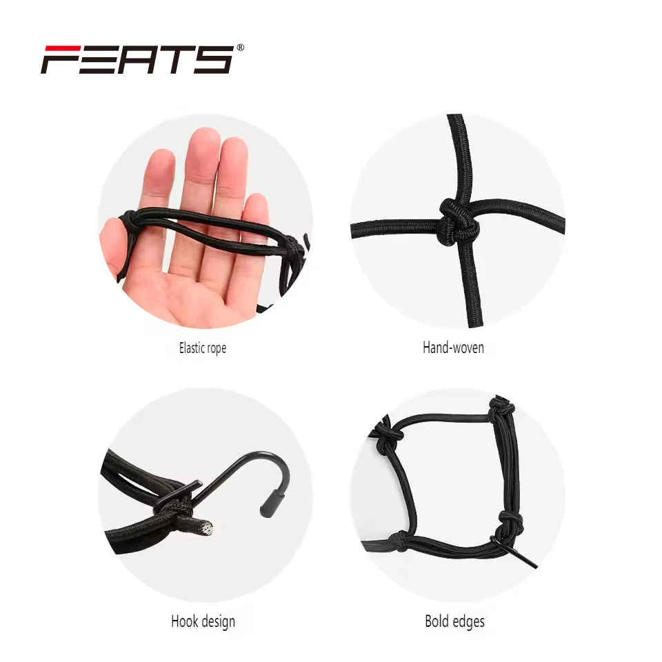 FERTS 400x400mm High Elasticity Motorbike Net Hold Down Cargo Helmet Web with 6pcs plastic coated steel hooks