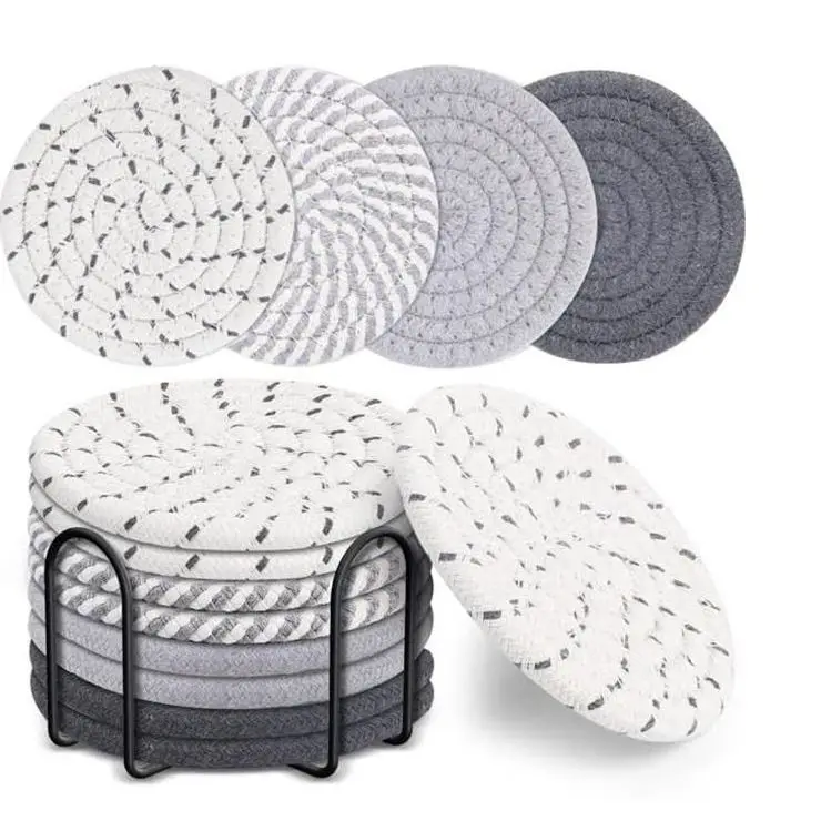 8 Pcs Drink Coasters with Holder Minimalist Cotton Woven Absorbent Coasters Round Shape Woven Cup Coasters for Home Decoration