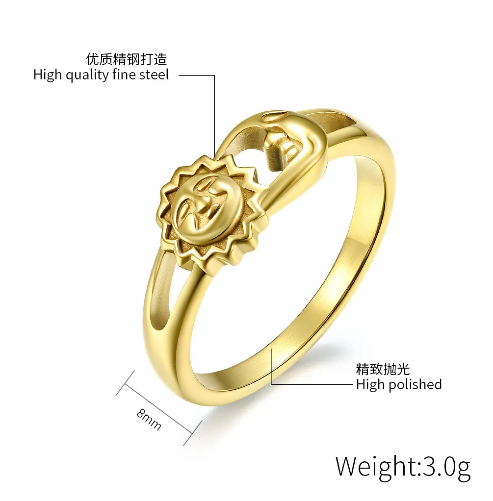 Hot Selling Custom Stainless Steel Smile Face Sun Moon Wedding Proposal Engagement Commemorative Couple Rings