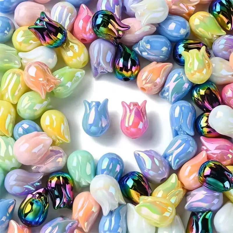 SOJI Hot Sale macaron color plastic pendants loose spacer beads acrylic UV tulip flowers beads for Bracelets Jewelry Making