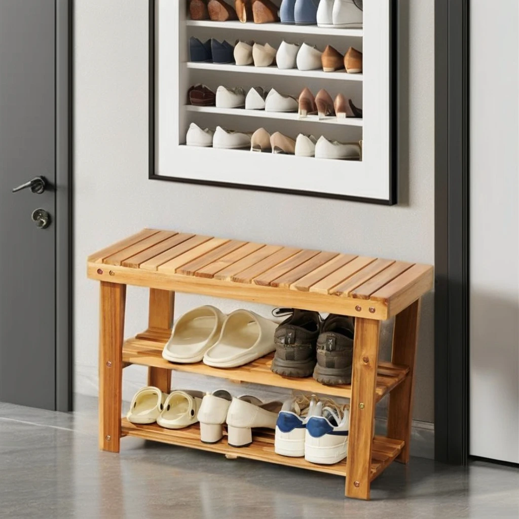 Wholesale Sturdy 3-Tier Acacia Wood Entrance Shoe Bench Storage Shelf Shoe Rack Organizer for Entryway Hallway Living Room