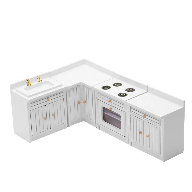 Doll house Miniature Wood Furniture Kitchen Cabinet set Basin Stove Roaster 4pcs in white color