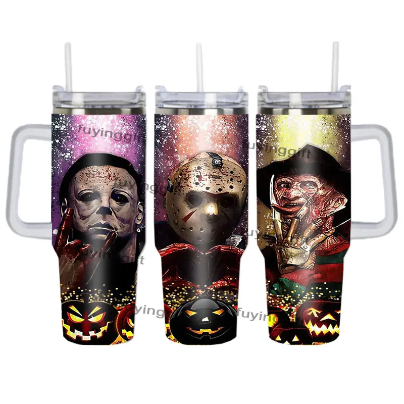 Custom 3D Halloween Horror Movie Character UV Printing Stainless Steel Insulated Cup Travel Mugs 40oz Tumbler With Handle