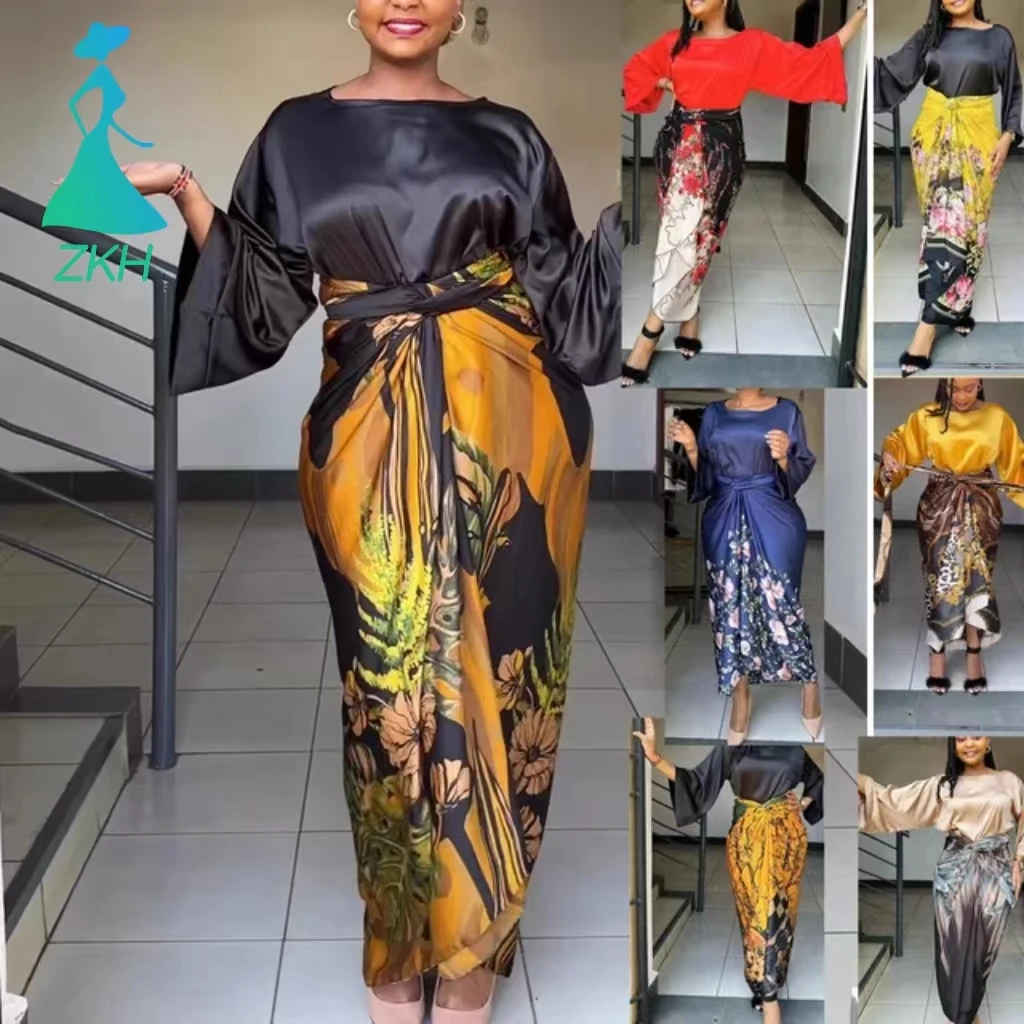 New Fashion Satin Tops + Skirt 2 pcs Set Suits Floral Printed O-neck Casual Loose Bandage Waist Shirts Dress Suits