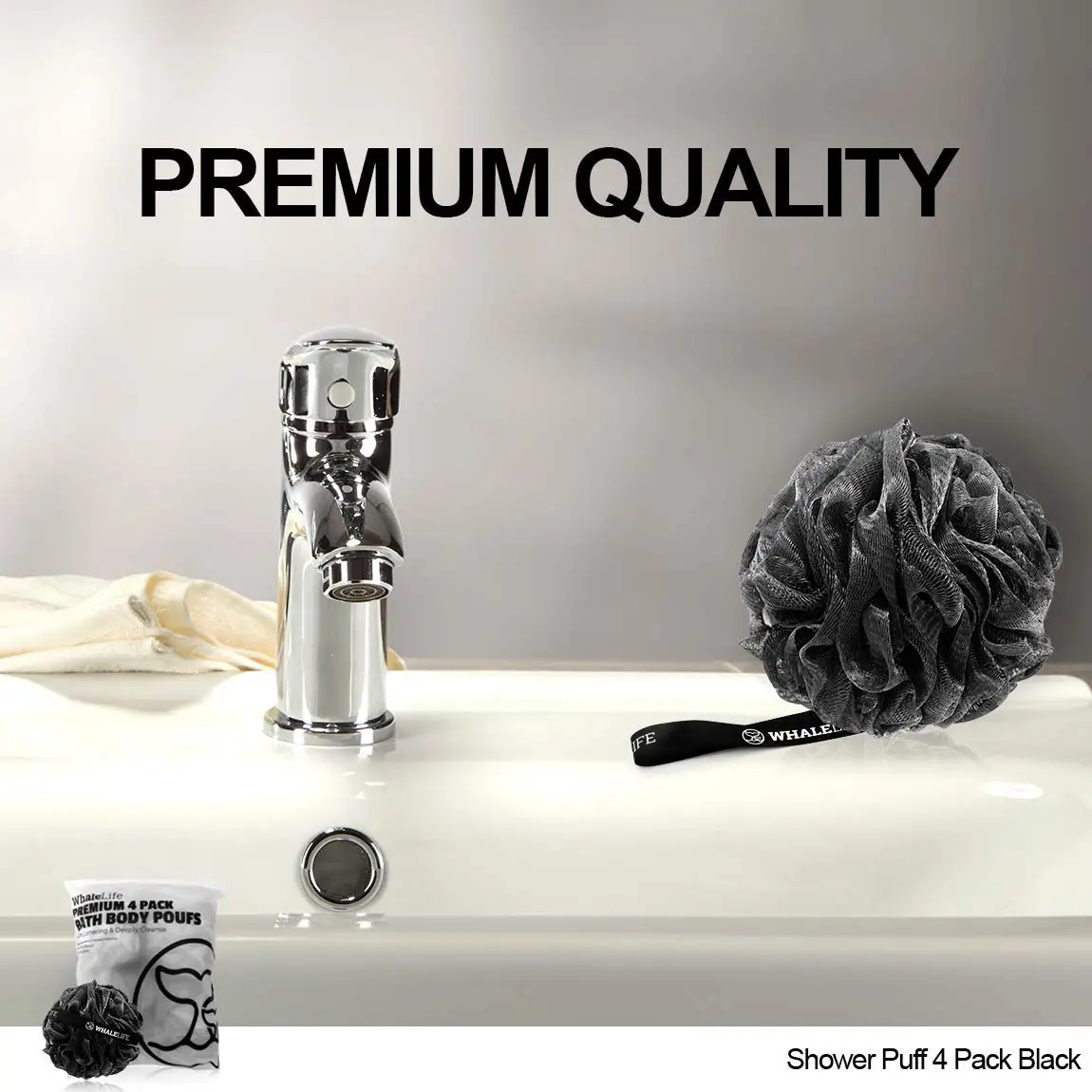 Shower Puff 4 Pack Black Bath Sponge Shower Loofahs, Ramie Hemp Mesh Sisal Bath Body Puff Pouf Shower Exfoliating Loofah Sponge