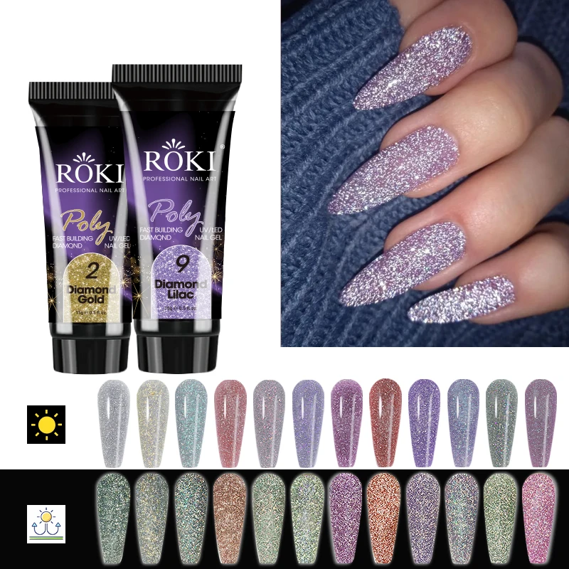 Custom Logo Reflective Glitter Poly Gel Silver Pink Diamond Shiny Nail Extension Gel Soak Off Nail Art UV Gel Varnish 15ml