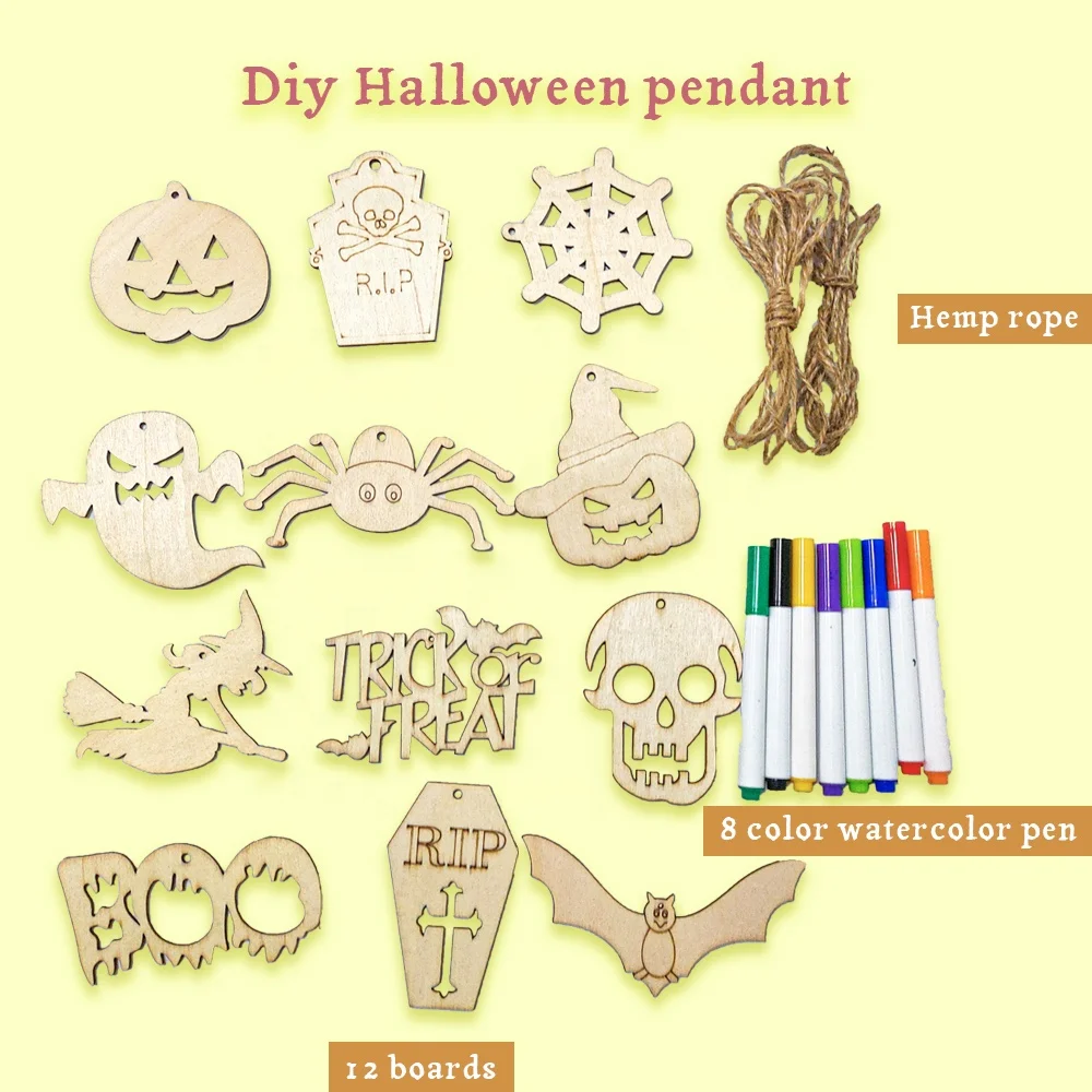Paint Your Own Halloween Wood Pendant Diy Arts & Crafts Creative Painting Kit For Kids Unfinished Halloween Accessories