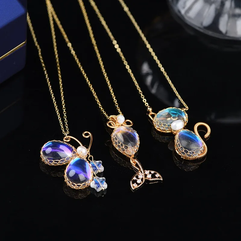 2022 latest hot sale women handwoven cute cat butterfly and whale tail pendants silver and gold plating opal necklaces