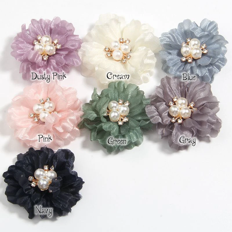 5cm 2inch Shiny Chiffon Fabric Artificial with Pearl Beads for Wedding Dress Brooch Decor Headwear Accessories