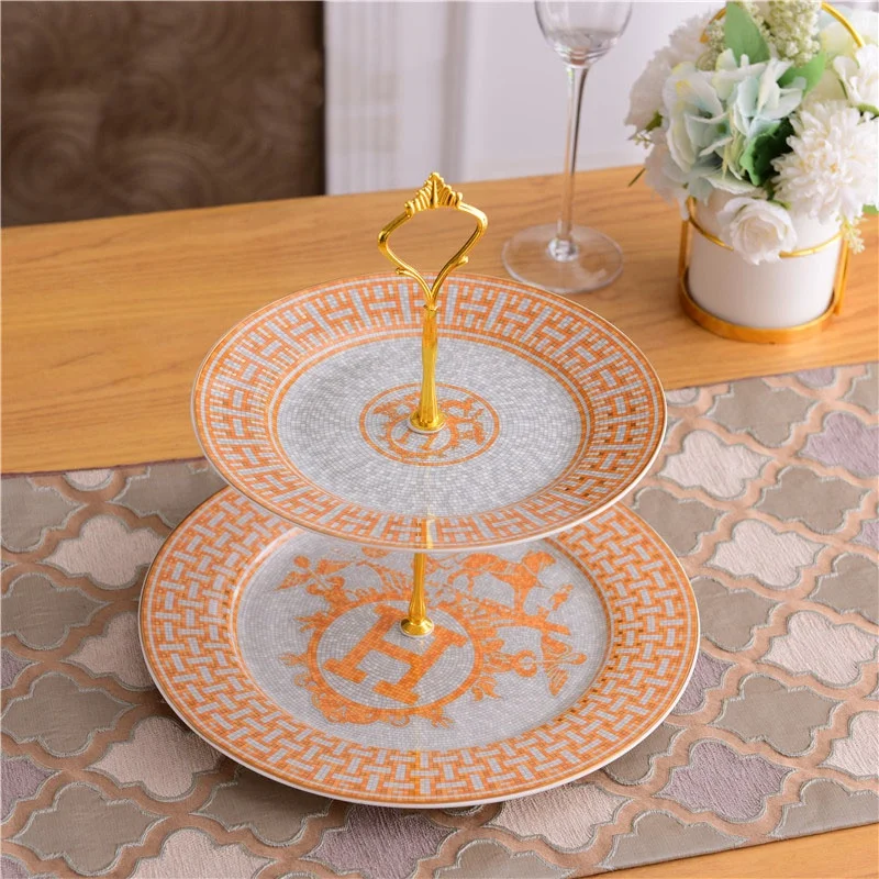 New Designs Cake Plate Royal British Ceramic Plate Luxury bone china 2-layer Party Plates