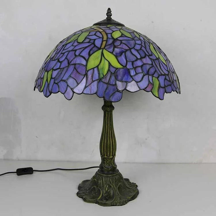 LongHuiJing Wisteria Stained Glass Lampshade Tiffany Table Lamps Antique Art Style Desk Lamp With Lotus Metal Base