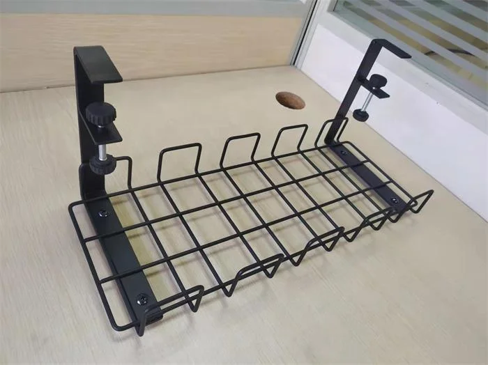 Black Metal Wire 2 Pack No Drill Desk Cable Organizer, Metal Cable Management Tray, Wire Cable Organizer Basket