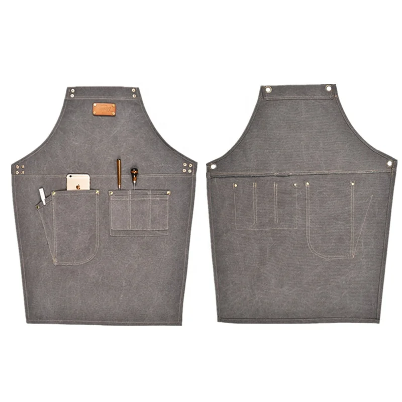 Fashion adult canvas kitchen leather shoulder strap brand apron custom logo bistro mesh aprons for compact spinning