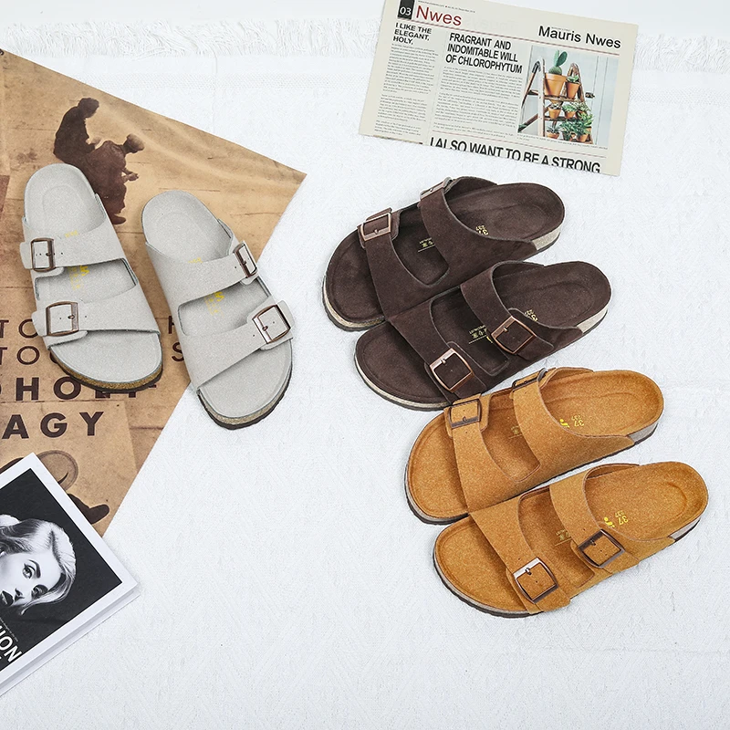 Greatslides Ladies Sandals With Buckle,Double-Buckle Leather Sandals,Slip On Cork Heel Sandals Or Hemp Heel Sandals