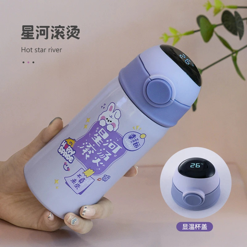 Портативный светодиодный термос ST 17 унций с температурным дисплеем, Вакуумная чашка, мультяшная детская умная бутылка для воды из нержавеющей стали с соломинкой для детей