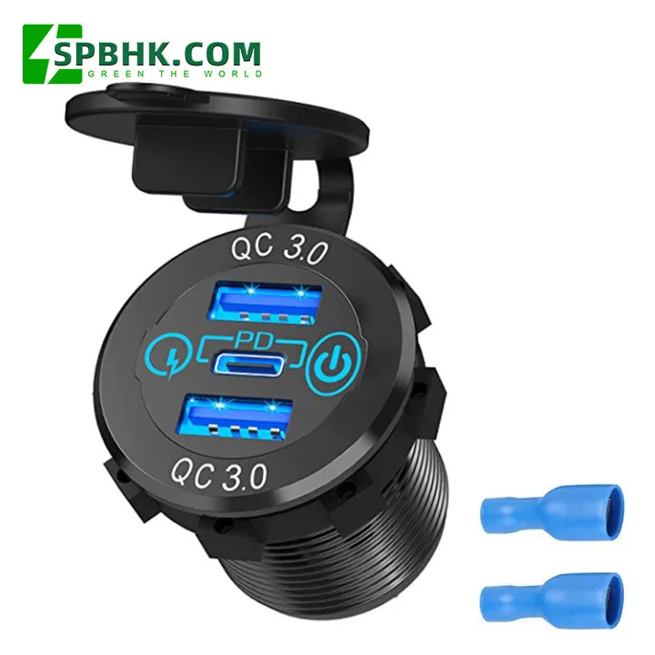 Car USB Charger Socket 12V-24V USB-C Dual QC3.0 PD Ports with Power Switch Fast Car Charger Socket for Car Marine RV Motorhome