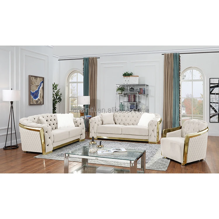 Modern Popular Beige Color Luxury Button Living Room Home Sofa Tufted Upholstered Stainless Steel Wooden Frame Sofa