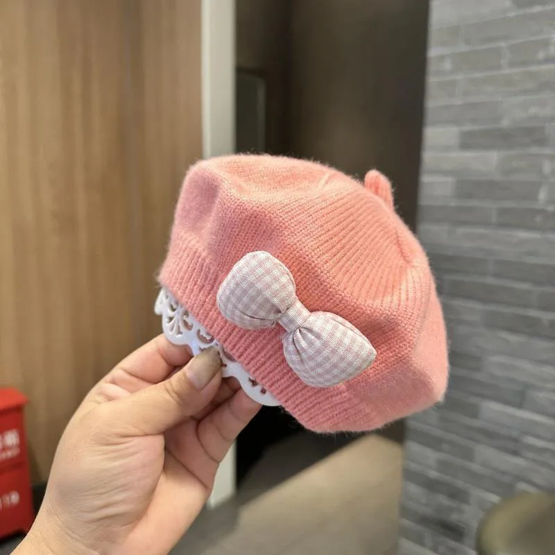 Autumn Winter Korean Fashion Berets Hat for Kids Solid Warm Knitted Baby Girls Caps with Bowknot Design Wholesale