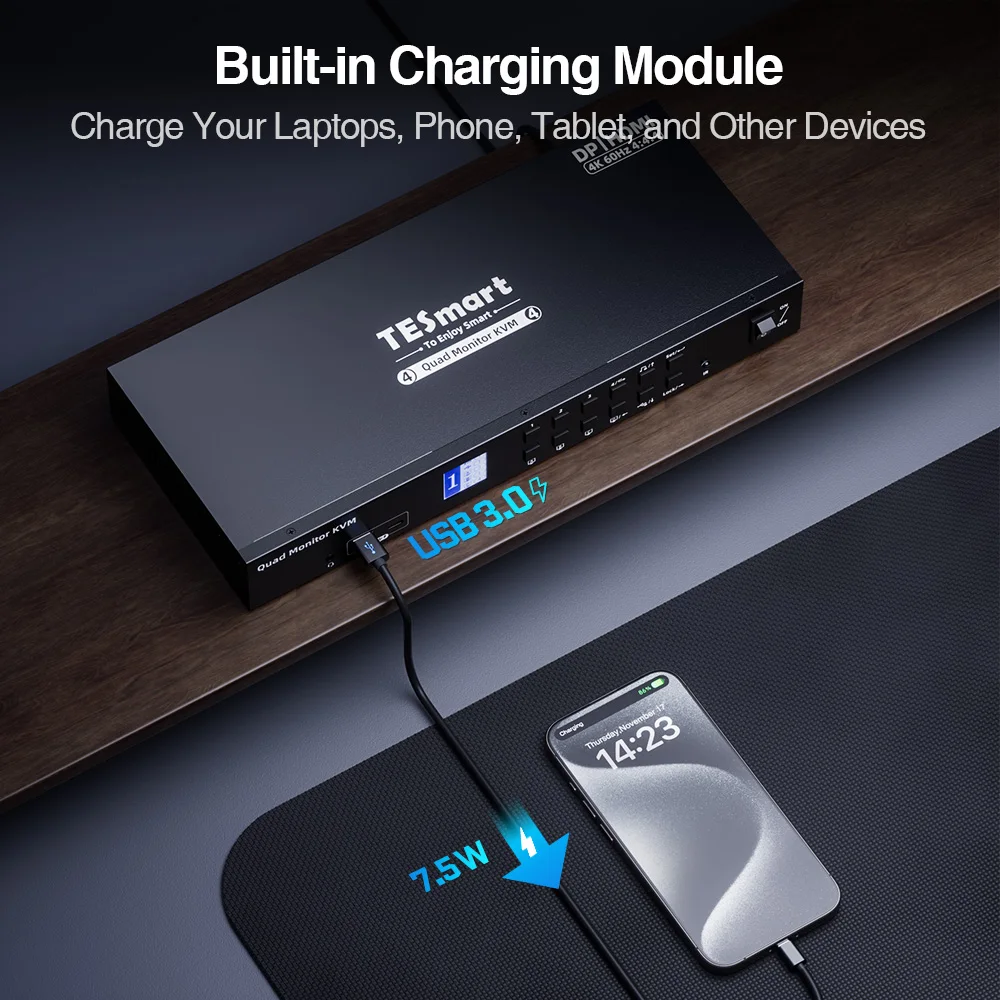 TESmart Quad Monitor MST KVM Switch Docking Station Kit With 4K60Hz EDID Emulator for 4 PCs 4x4 HDMI DP KVM Switcher