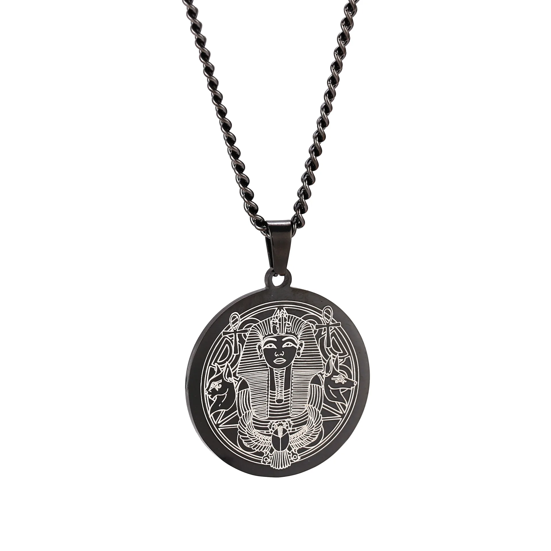 Custom Tarnish Free Stainless Steel Mens Hip Hop Personality Ancient Egyptian Pharaohs Pyramid Sphinx Pendant Necklace