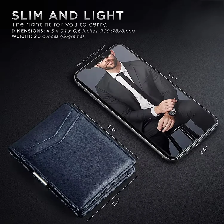 Custom Leather ID Window Card Case Wallet With Metal Money Clip RFID Blocking Business Slim Bifold Wallet For Man