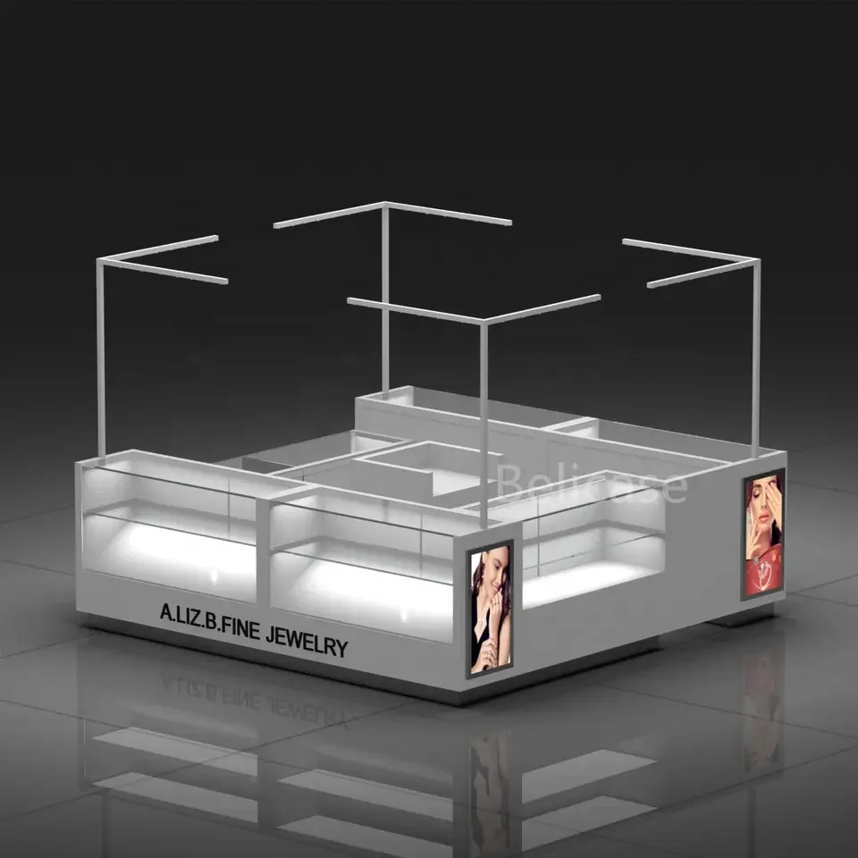 New Design Shopping Mall Jewelry Store Showcase Necklace Display Cabinet Over Head Light Jewelry Kiosk with LED Light