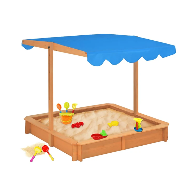 Kids Outdoor Play Furniture Solid Wood Sand Pit Height Adjustable Wooden Sandbox With Bench For Kids (1600838116359)