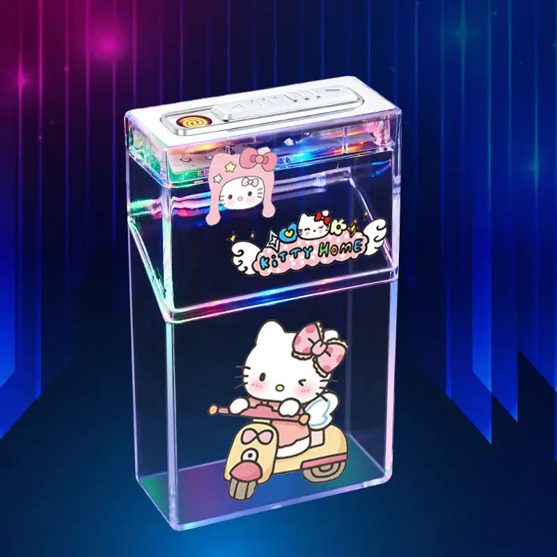 Cute cartoon hello kitty kuromi cigarette case usb lighter tungsten ignition transparent cigarette box
