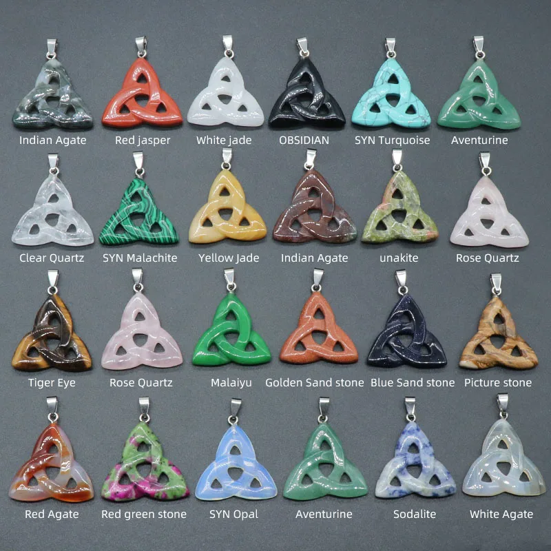 Fashion Healing Crystals Gemstone Jewelry Natural Irish Celtic Knot Triangle Shape Created Opal Stone Pendant Charms Necklace