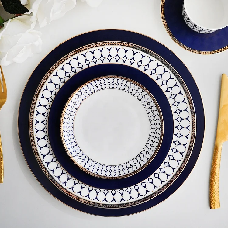Wholesale Best Royal Fine Bone China Dinnerware Set Contemporary Design with Navy Blue and Gold Rimmed Line for Weddings