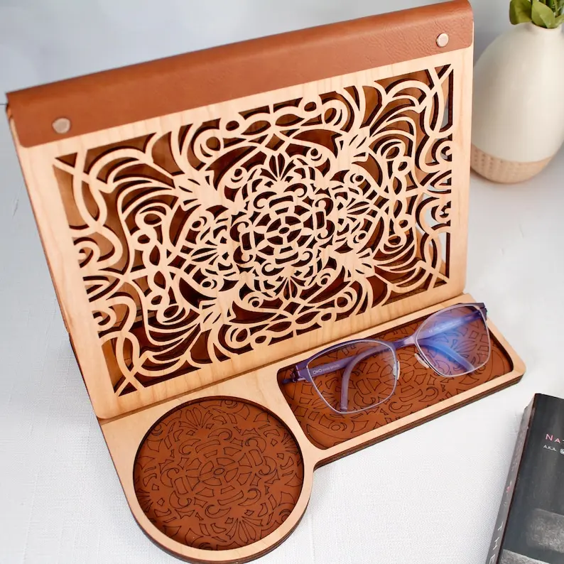 Walnut Wood Book Valet Tray Nightstand with Unique Lasercut Art Deco Design Home Decor Gift for Book Lovers Moms on Birthday