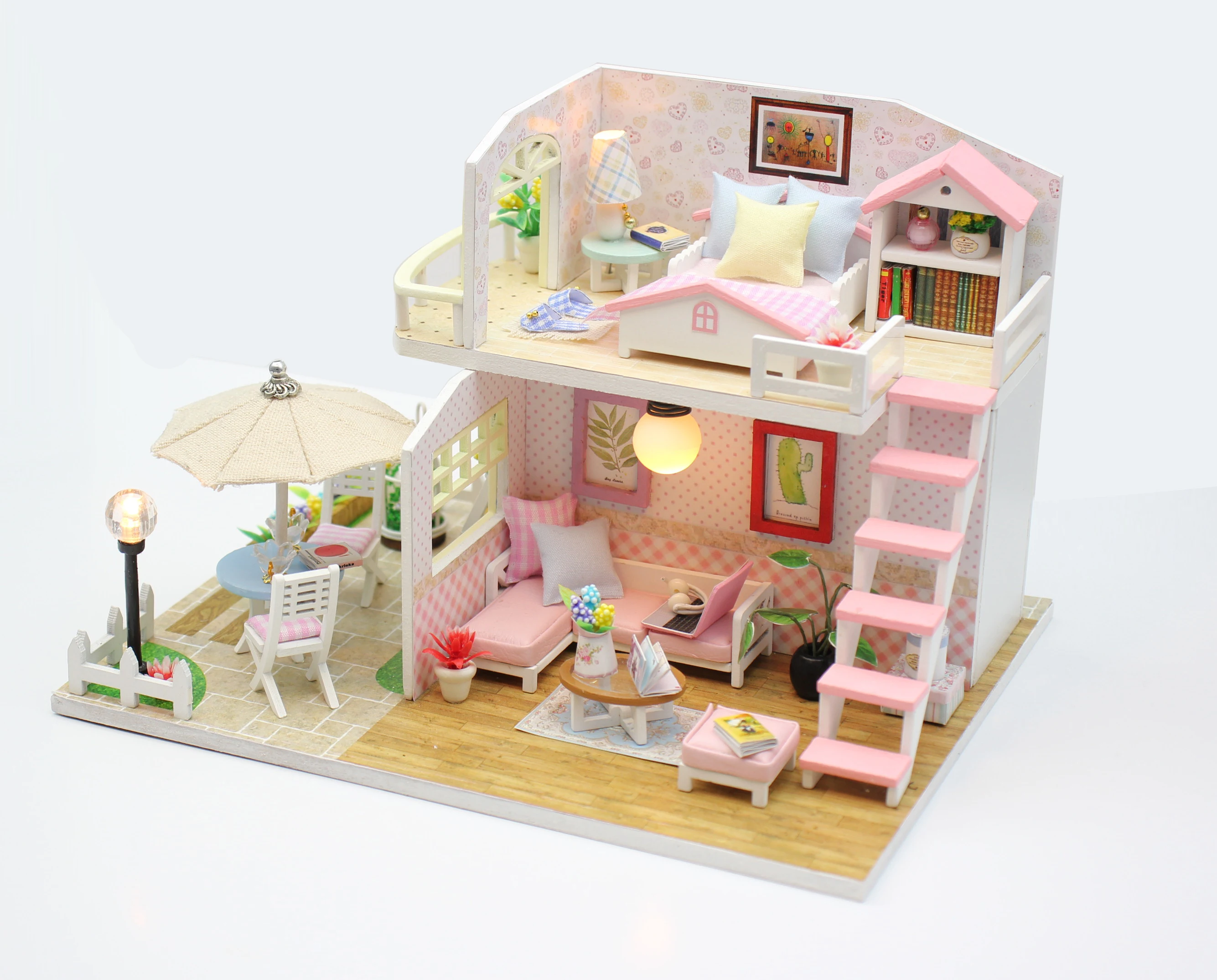 Hot Selling Children Exquisite 3D Miniature Diy Pink Loft Bedroom Puzzle Miniature Furniture Doll Houses