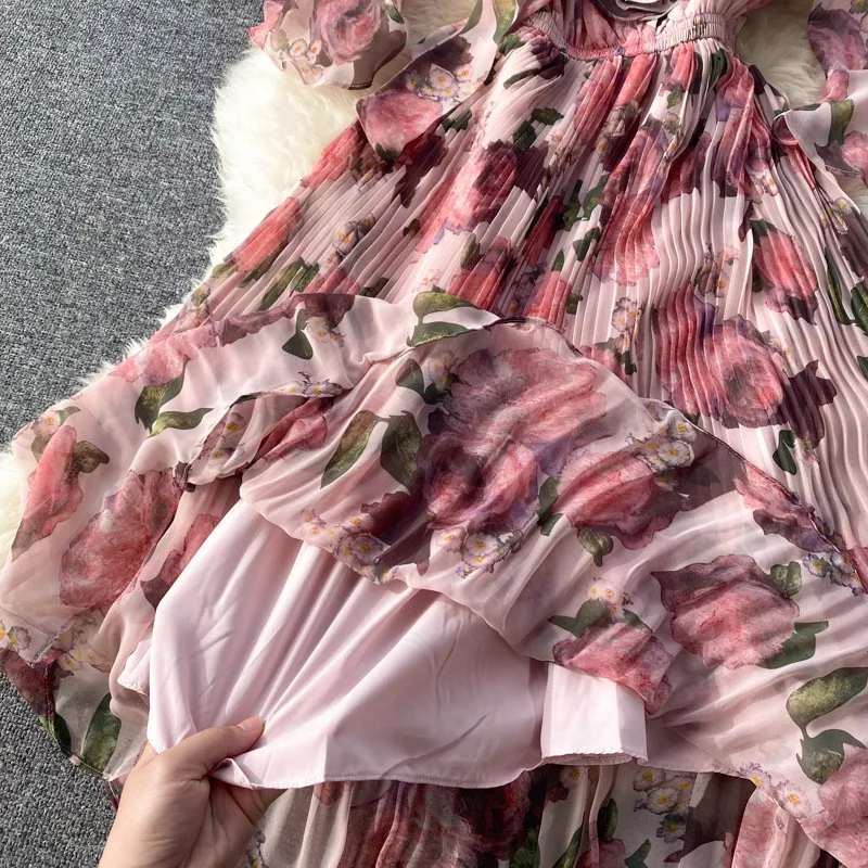 Floral beach dresses holiday bohemian lotus leaf trumpet sleeve round neck chiffon print dress for women